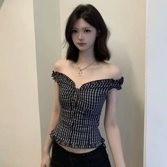 韩系纯欲风格纹一字肩衬衫女装早秋新款辣妹独特别致两穿无袖上衣