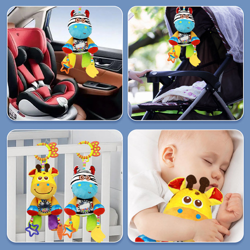 Stroller hanging plush toy Baby cartoon animal wind chime with teether ring bead bedside pendant