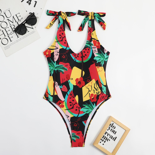 New multi-color printed sweetheart neckline bow European and American women's triangle one-piece beautiful back sexy swimsuit bikini