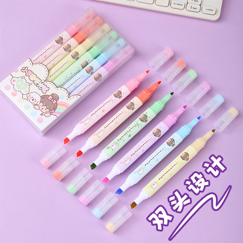 Double-headed fluorescent cartoon-style high-quality student and children's colored highlighters for marking and highlighting journal pens