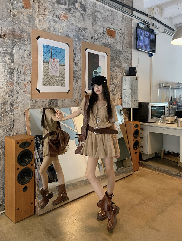 カーキ半袖シャツドレスレディース夏ラペルウエスト痩身スカートレイジースタイルAラインスカート|undefined