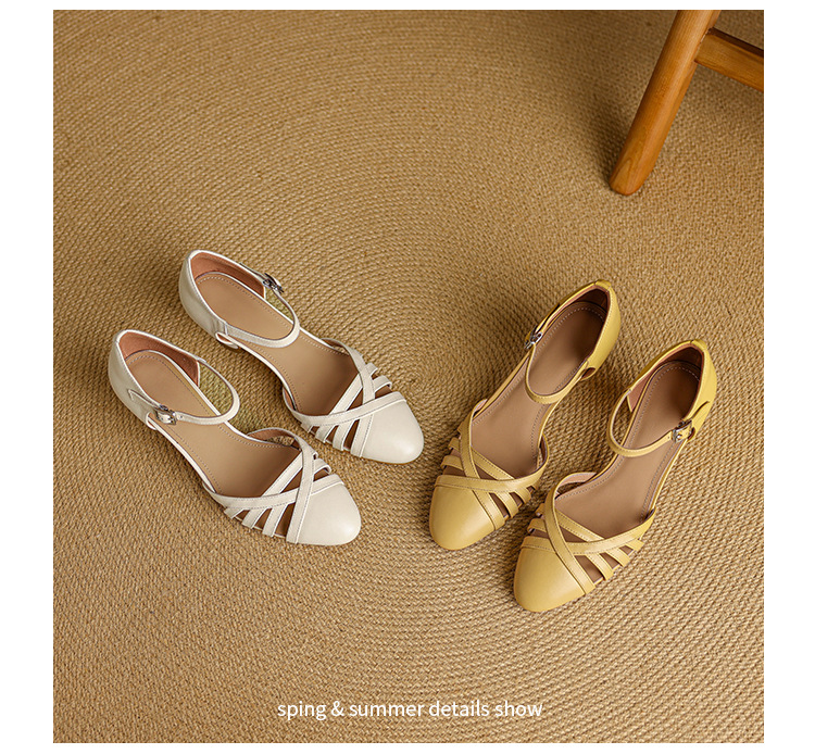 Sandal nữ quai hậu mũi nhọn retro da bò gót 5 cm kiểu La Mã — Màu trắng nhạt chi tiết 17