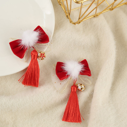 Children's fairy hanfu qipao cheongsam dress headdress red festive hair clip little girl hair ball tassel pair of clips baby New Year's Eve hairpin