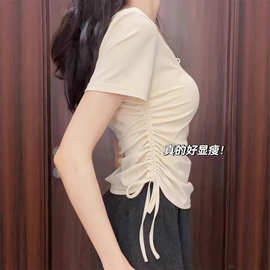 双侧边系带褶皱感短袖T恤女2026夏季新款修身韩版小个子短款上衣