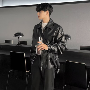 Fashionable and Handsome Hong Kong Style Leather Jacket Vegetable Tanned Goatskin Lapel Versatile Loose Version Men's Trendyy Genuine Leather Jacket New Style