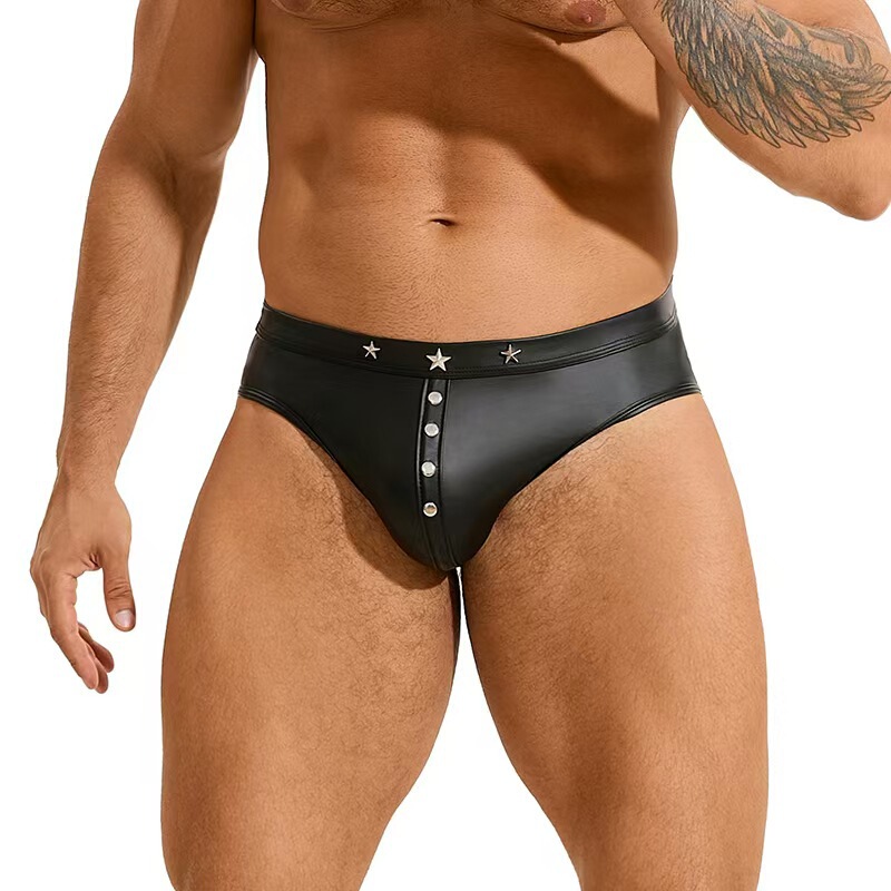 European and American New Style Men's Erotic Lingerie Wholesale, Wide Elastic Band Faux Leather Thong T-Pants for Stage Ds Performance European and American New Style Men's Erotic Lingerie Wholesale, Wide Elastic Band Faux Leather Thong T-Pants for Stage Ds Performance