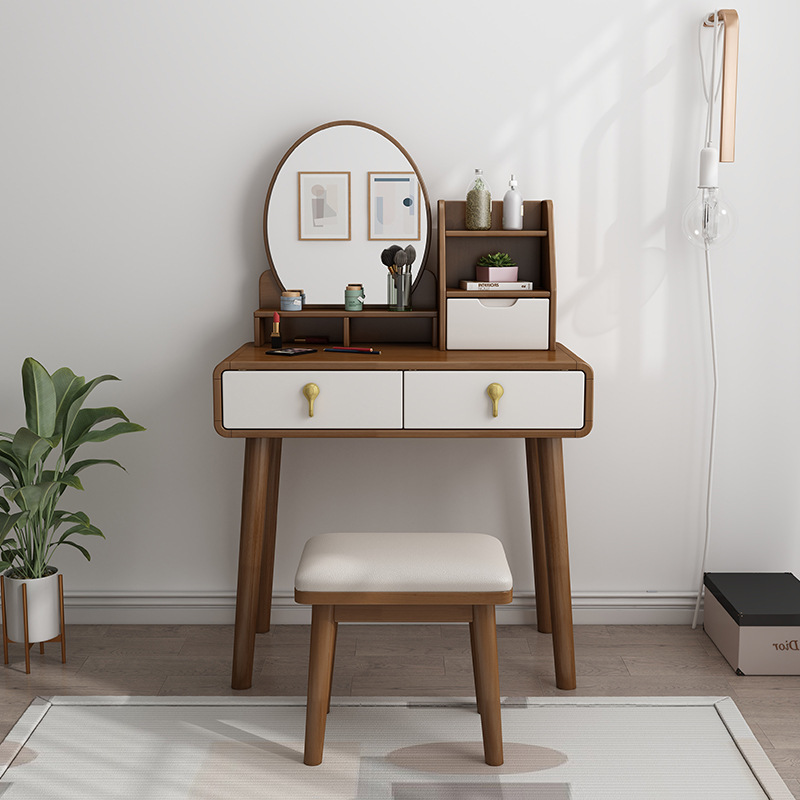 Tocador de Dormitorio Moderno y Minimalista de Madera Maciza, Modelo 2023, Multifuncional con Bandeja Giratoria, Tocador de Maquillaje de 70 cm