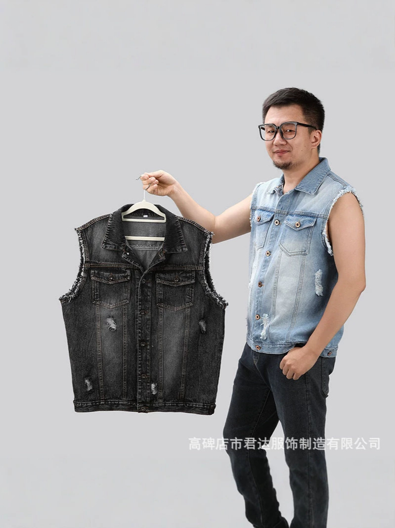 Chaleco de Mezclilla Desgastado para Hombre de Algodón, Solapa, para Primavera y Otoño image 1