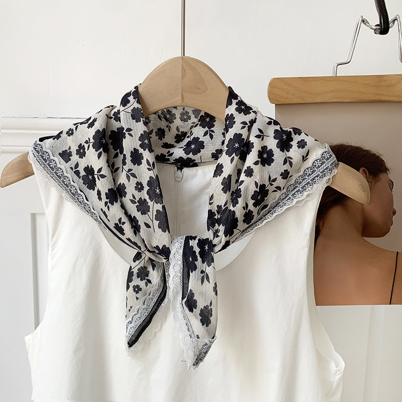 Pañuelo de seda de anacardo a rayas de encaje romántico francés, bufanda triangular, bufanda cuadrada, protección solar de primavera y verano, bufanda pequeña decorativa de Baotou