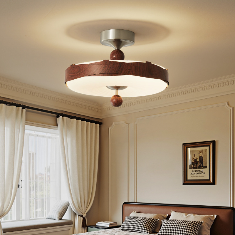 Lámpara de techo de dormitorio antiguo Wabi-Jifeng creativo redondo color nogal retro estilo crema francés libro lámpara de habitación