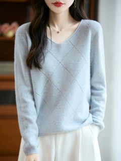 一线成衣珠片V领毛衣100纯羊毛衫女宽松休闲设计感镂空长袖针织衫