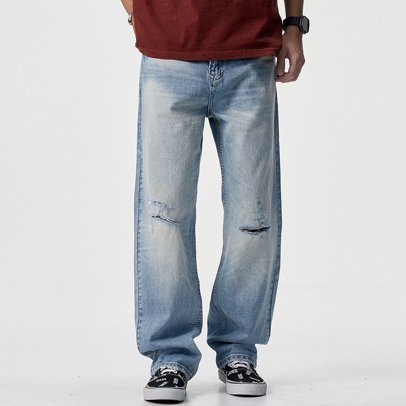 American-Style Ripped Jeans for Men, 2026 Spring/Summer New Trendy Brand, Vintage Loose Straight Wide-Leg Distressed Long Pants American-Style Ripped Jeans for Men, 2026 Spring/Summer New Trendy Brand, Vintage Loose Straight Wide-Leg Distressed Long Pants