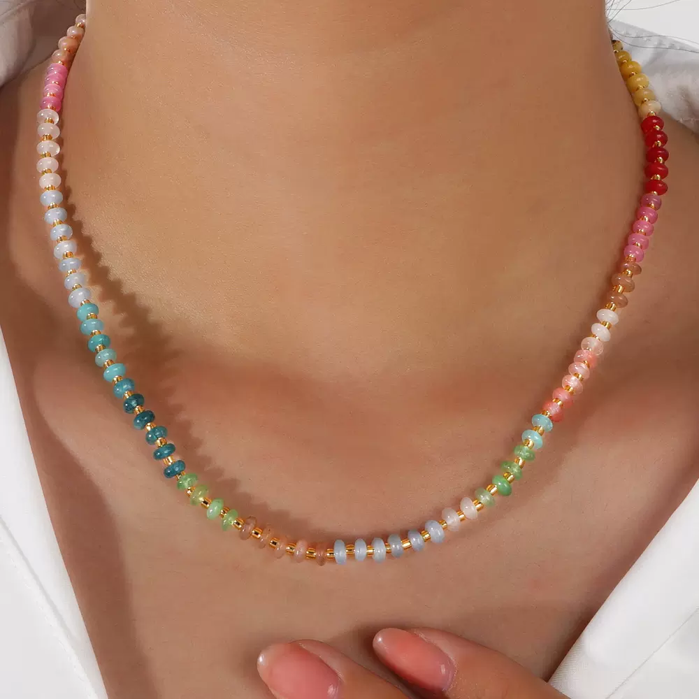 跨境轻奢渐变水晶项链·多彩宝石串珠夏日优雅女神项链轻奢小众