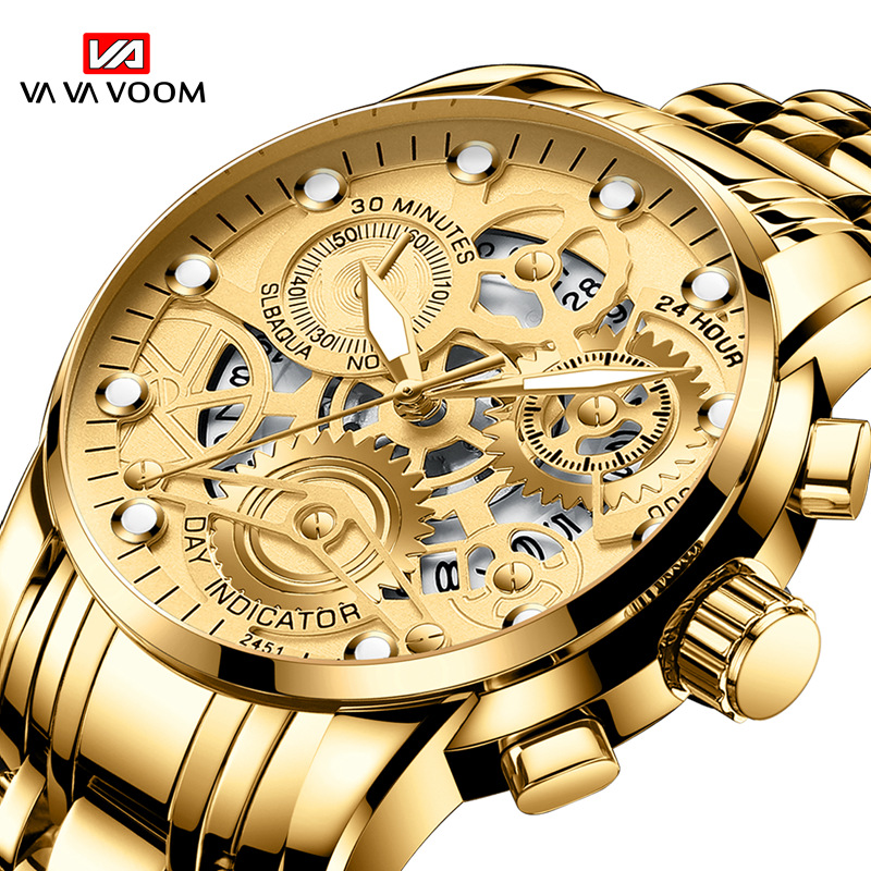 VAVA VOOM 2451 nuevo calendario falso Movimiento de cuarzo de tres ojos Reloj de correa de acero luminoso para hombres