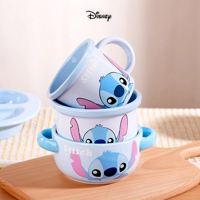Juego de cuencos y cucharas de Disney Stitch engrosado, anti-escaldado, lindo regalo, vajilla de cerámica, cuencos para niños, envío gratis de alto valor