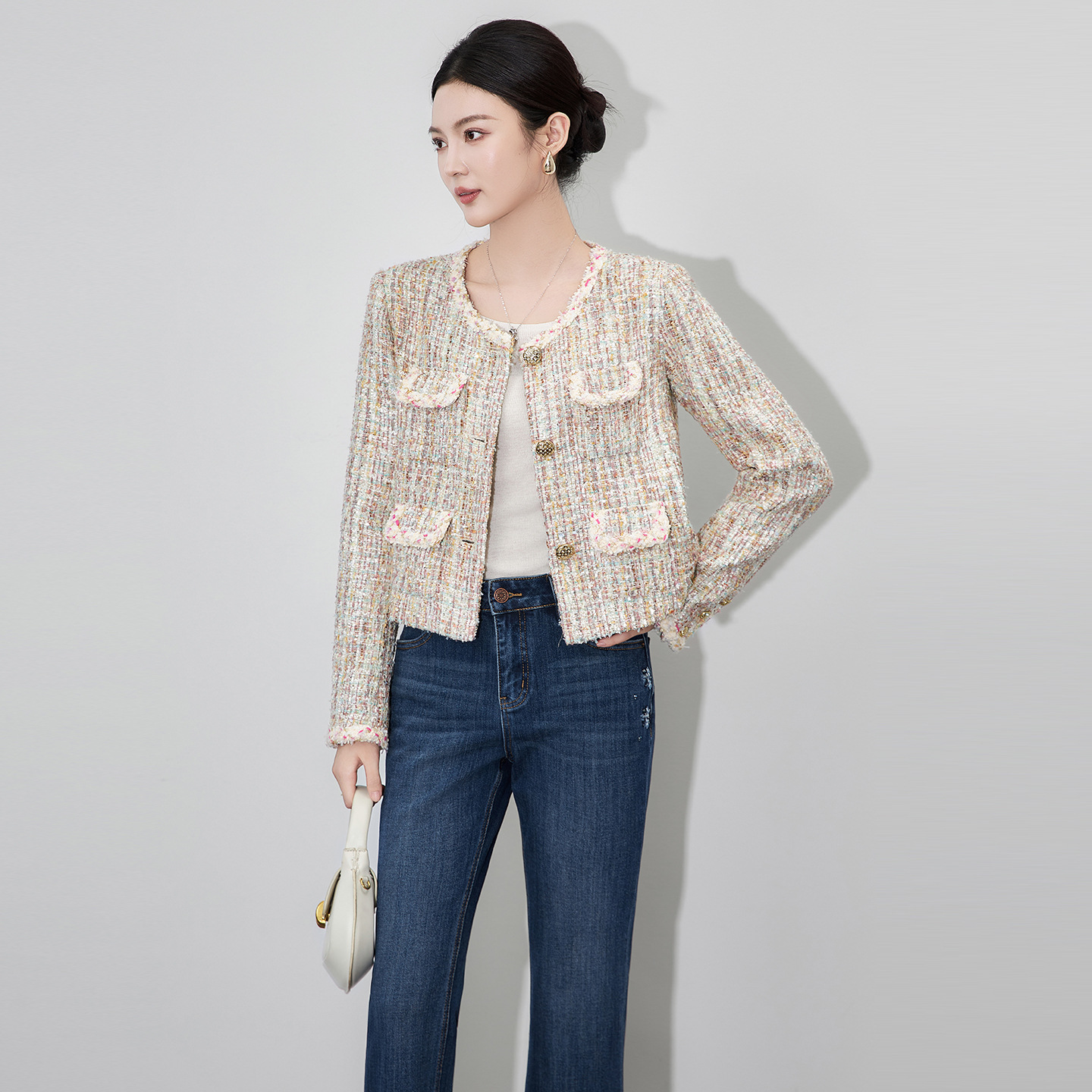2512711-Nanyou Light Luxury High-Quality Chanel-Inspired Socialite Style Short Woven Tweed Jacket with Heavy Craftsmanship and Mixed Yarn