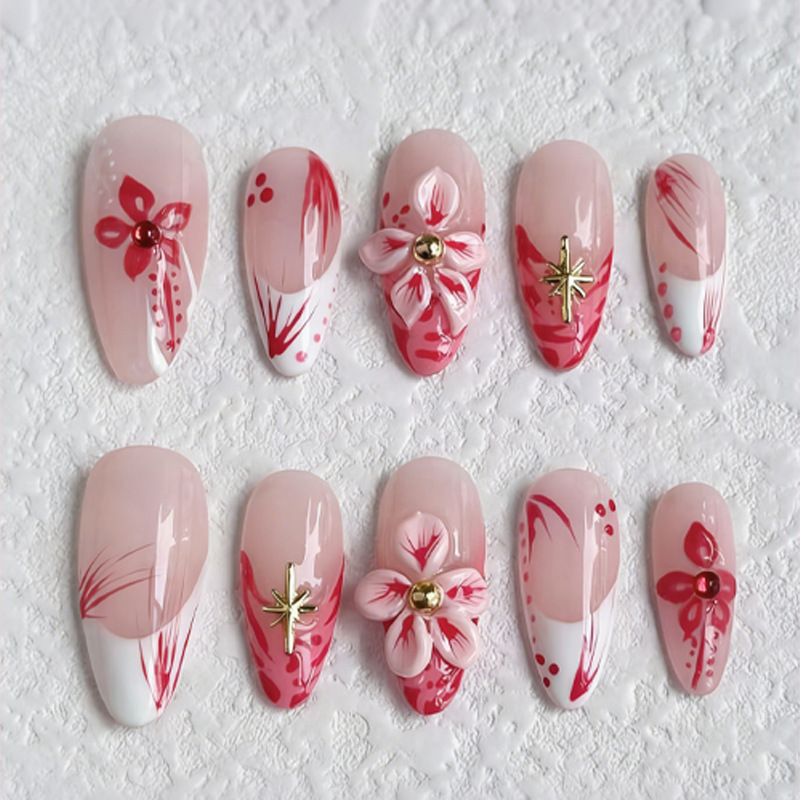 Cross-border best-selling almond-shaped 30pcs nude pink 3D carved red plum starburst press-on nails finished nail art wholesale Cross-border best-selling almond-shaped 30pcs nude pink 3D carved red plum starburst press-on nails finished nail art wholesale