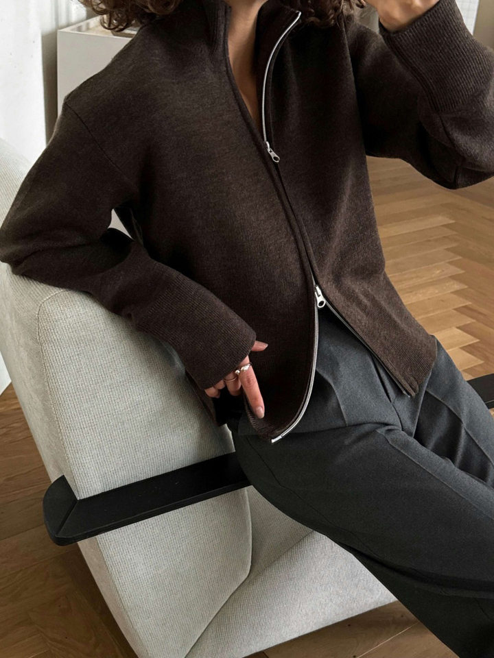 Áo khoác cardigan len dệt kim cổ đứng khóa kéo hai chiều dài tay — Màu nâu cà phê, Màu trắng, màu đen, màu đỏ chi tiết 25
