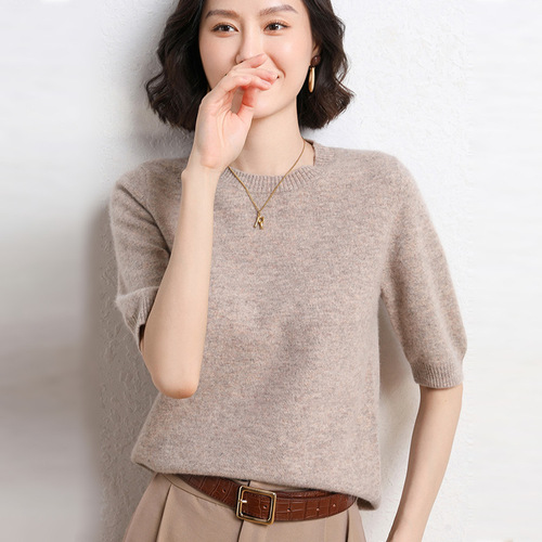 2025 spring and autumn knitted sweater women's sweater women's short-sleeved round collar wool sweater women's foreign trade export wholesale