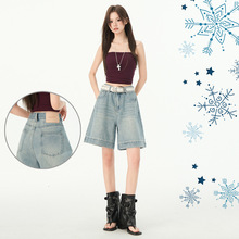 高端大牌高品质浅蓝水洗透气工艺牛仔五分裤女2025年夏季款高腰显