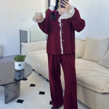 韩系毛巾绒钩花蕾丝拼接v领开衫安哥拉色系套装新款家居服睡衣