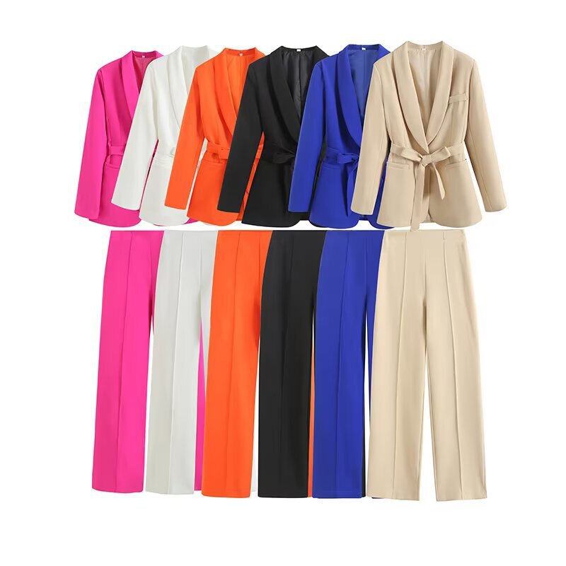 Foreign Trade Spring and Autumn Women's European and American Fashion Belted Solid Color Casual Blazer High-Waisted Pants Suit