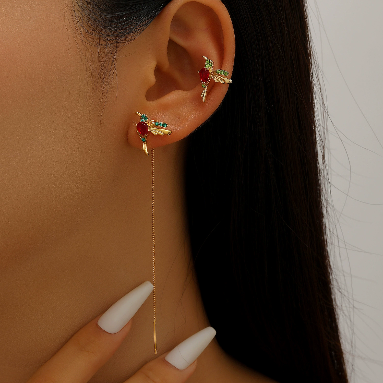 Long Hummingbird Drop Earrings, delicate chain, multi-color plated, 6.16 cm