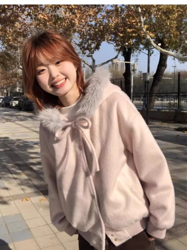 韩系学院粉粉色棒球服女秋冬季连帽毛毛夹棉妮子清新甜美外套上衣|undefined
