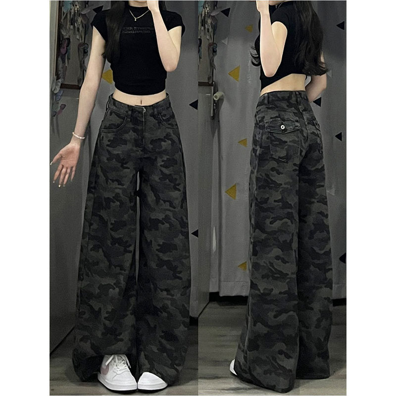 American-Style Plus-Size Workwear Camouflage Jeans for Women, Petite Loose Fit, Drapey High-Waisted Straight Wide-Leg Pants