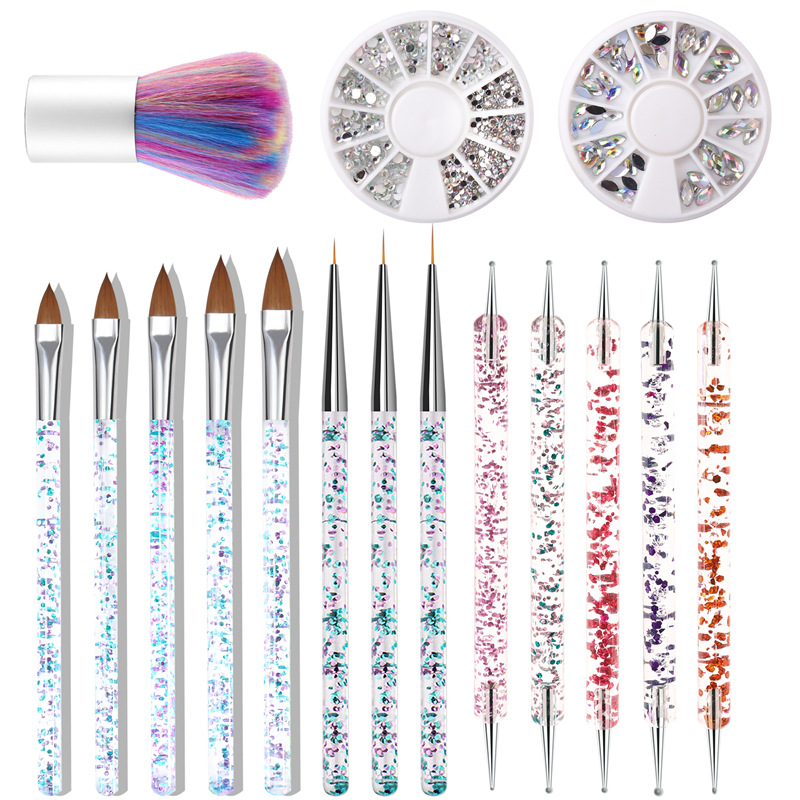 Pluma de uñas transfronteriza traje de joyería pluma de cristal pluma de dibujo pluma de taladro de doble cabeza joyas cepillo de polvo conjunto de 6 piezas