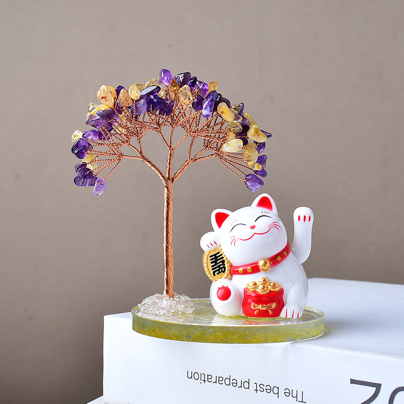 天然水晶フォーチュンツリー招き猫装飾品車ホームオフィスレジデスクトップアクセサリークリスマスギフト|undefined