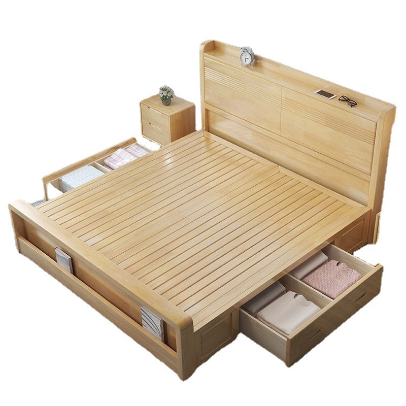 Cama nórdica de madera maciza simple cama de almacenamiento moderna cama individual multifuncional Luz de lujo doble dormitorio principal habitación de alquiler cama blanda