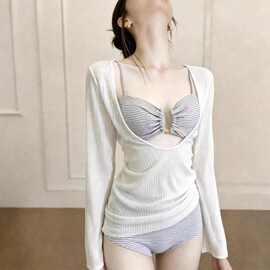 新款条纹比基尼分体泳衣女三件套小胸保守高腰显瘦性感纯欲高级感