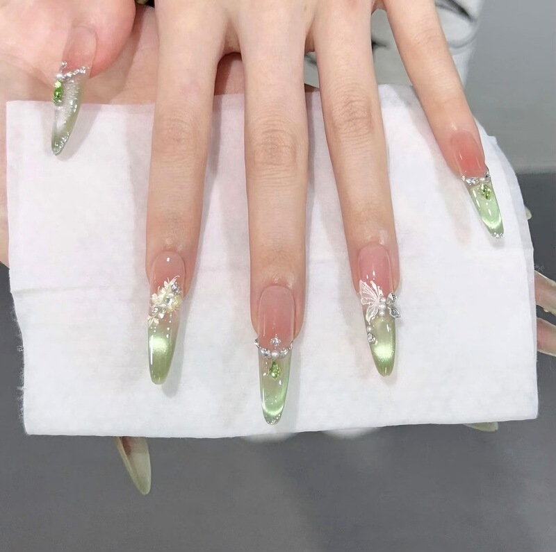 【Green Dew Butterfly Shadow】Spring and Summer Fresh Green Cat Eye Butterfly Pearl French Style Elegant Long Handmade Wearable Nails
