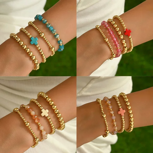 Cross-Border Hot-Selling Holiday Style Multi-Layered Bracelets, Fashionable Light Luxury Gold Beads Crystal Cross Bracelets