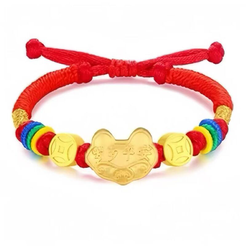 3D Gold Pure Gold 999 Small Heart Bracelet with Lucky Beads, Red String for the Year of Birth, Baby Full Moon, Couple Gold Jewelry Bracelet