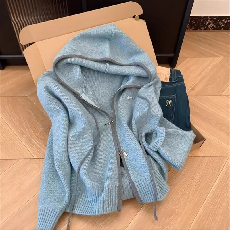 Korean Double Zipper Hooded Knitted Cardigan Women's Autumn and Winter New Sweater Jacket Thick Loose Slimming Look Long-Sleeved Top