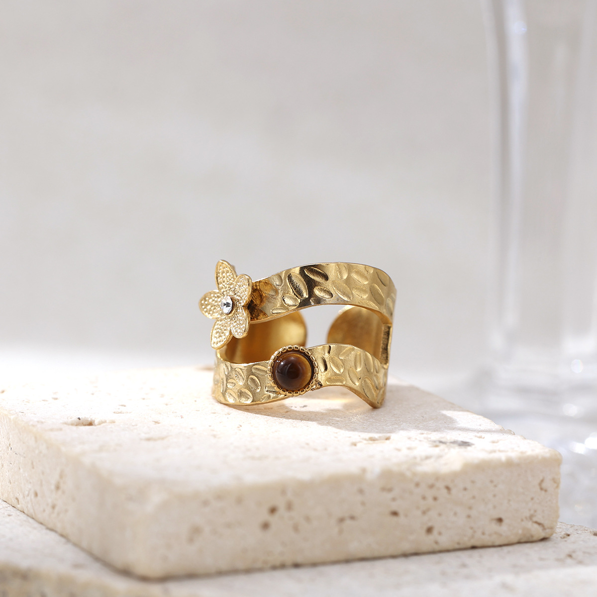 Anillo de acero inoxidable de la mujer no se desvanece, anillo de piedra natural de ojo de tigre, nicho de lujo, venta caliente