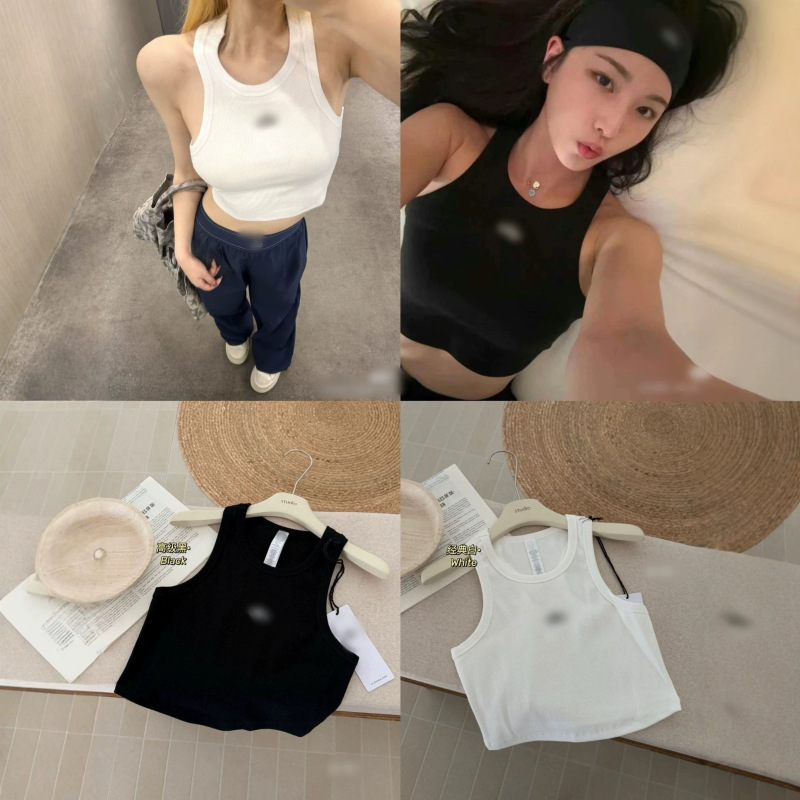 In-Stock Alo Gant Ribbed Short Vest with Lettering for Yoga, Workwear, Sports, Running, Fitness, Everyday Wear, and Layering