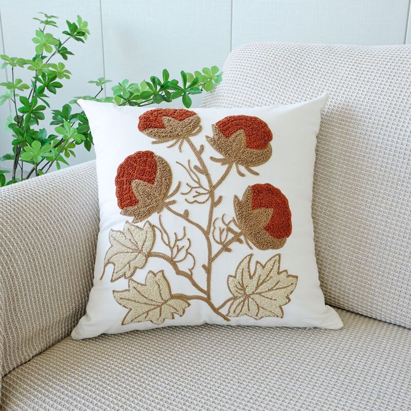 植物と花の刺繍入り枕カバー、田舎風タオル刺繍ソファ枕、ベッドサイドクッション、オフィス腰枕|undefined