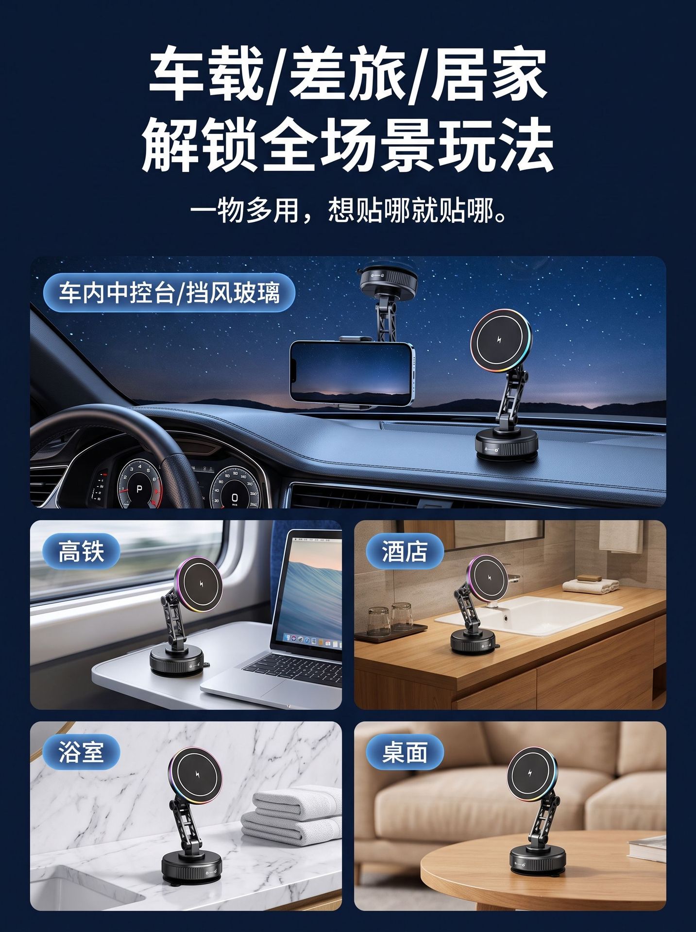 Cross-Border Vacuum Adsorption 15W Wireless Fast Charging Car Mount, Anti-Shake Extended Arm Foldable Magnetic Car Phone Holder