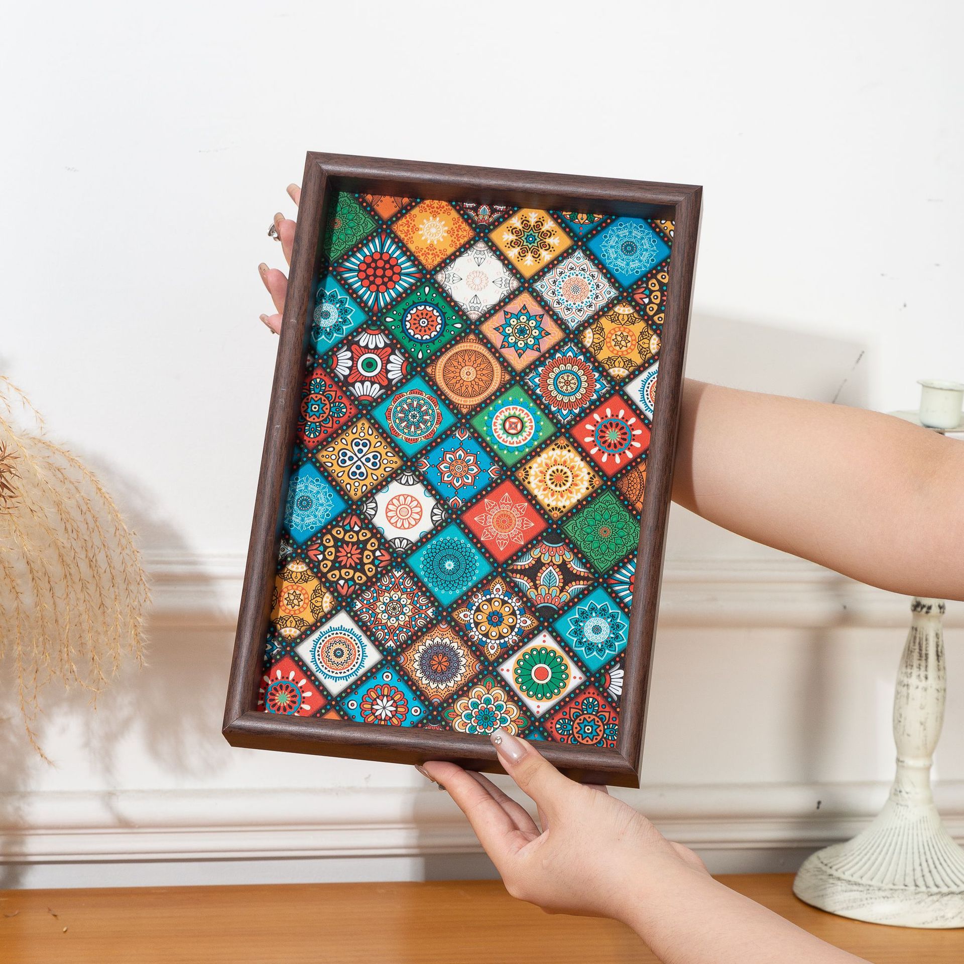 波西米亚风复古茶盘首饰长方形木质相框收纳酒杯茶水文玩茶盘托盘