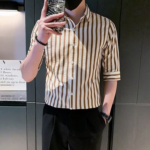 2024 Summer New Ice Striped Short-Sleeve Top Loose High-End Shirt Men's Trendy Bad Boy Stylish Versatile Collared Shirt