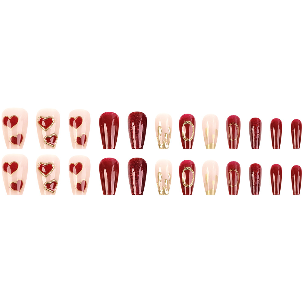 24 piezas de terapia de luz estereoscópica de uñas cortas de vino rojo amor de uñas parches de uñas de ojo de gato de oro