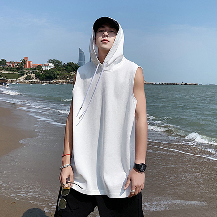2026 Summer Sports Hip-Hop Vest T-Shirt Trendy Brand Student Solid Color Hooded Sleeveless Tank Top for Men