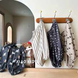 入夏bi备~儿童百搭冰露麻满印薄款防蚊裤男女童透气束口长裤宝宝