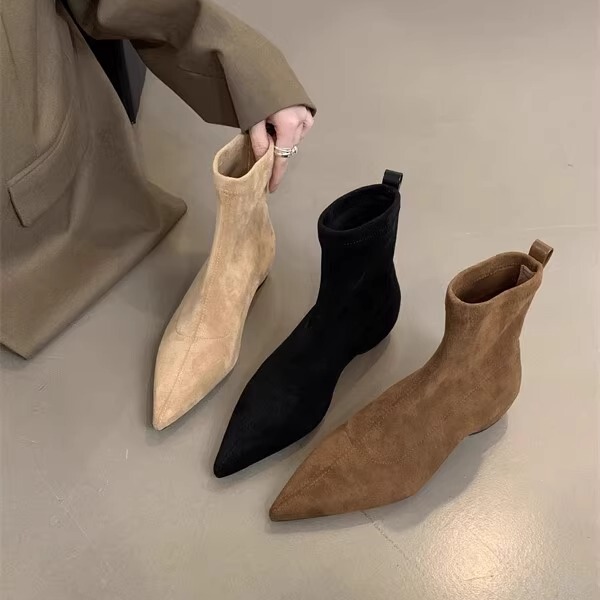 European and American 2026 Autumn and Winter New Style Simple Matte Suede Flat Socks Boots Flat Heel Slim Boots Elegant Pointed Toe Short Boots for Women European and American 2026 Autumn and Winter New Style Simple Matte Suede Flat Socks Boots Flat Heel Slim Boots Elegant Pointed Toe Short Boots for Women
