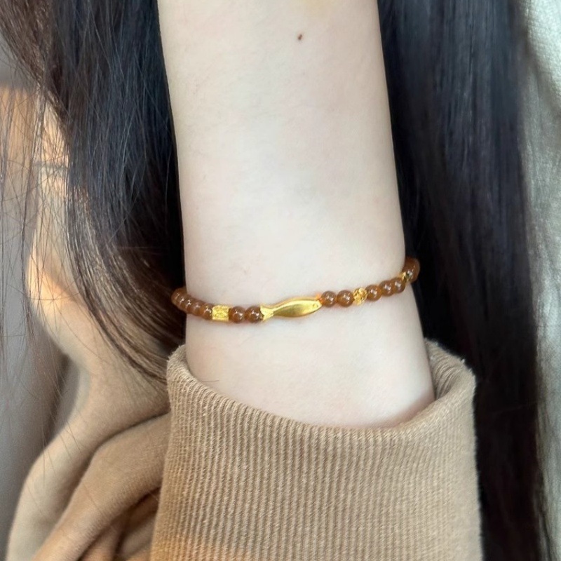 Vintage Tiger Eye Stone Goldfish Beaded Bracelet For Women_voghion.com