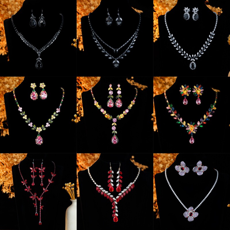 Cross-Border Set of European and American Style Micro-Inlaid Zircon Necklace and Earrings with Flower and Teardrop Design, Suitable for Everyday Wear as Neck Chain Jewelry Cross-Border Set of European and American Style Micro-Inlaid Zircon Necklace and Earrings with Flower and Teardrop Design, Suitable for Everyday Wear as Neck Chain Jewelry