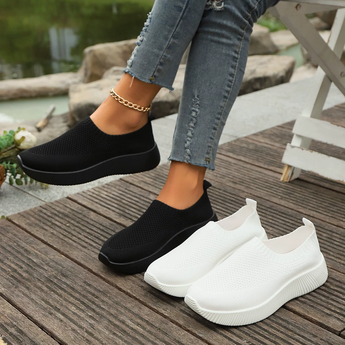Женские спортивные кроссовки из сетки Feather lightweight больших размеров для внешней торговли, повседневные кроссовки европейско-американский стиль без застежки на танкетке с толстой подошвой, оптом